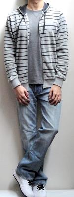 Gray Striped Hoodie Jacket Gray Solid T-shirt Light Blue Jeans White Sports Shoes