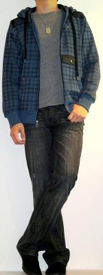 Gray T-Shirt Blue Checked Hooded Jacket Black Jeans Black Casual Sneakers