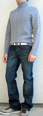 Gray Turtleneck Sweater Gray Sneakers Dark Blue Jeans White Belt