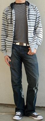 Gray Zip Jacket Gray Shoes Black Striped T-Shirt White Leather Belt