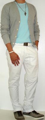 Grey Cardigan Grey Sneakers Baby Blue T-Shirt White Pants White Belt