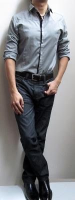 Check out this outfit! Grey Dress Shirt Dark Brown Belt Black Jeans Black Ankle Boots