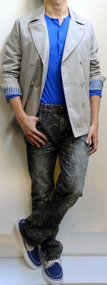 Khaki Double Breasted Blazer Blue Half Button Long Sleeve T-shirt Black Jeans Navy Boat Shoes