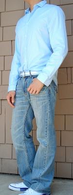 Blue Dress Shirt Blue Ribbon Belt Light Blue Jeans White Shoes Blue Dress Shirt Blue Ribbon Belt Light Blue Jeans White Shoes