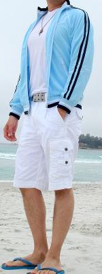 Light Blue Jacket White Shorts Blue Flip Flops