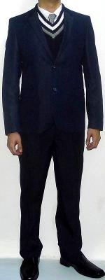 Navy Blazer Navy V-neck Sweater Silver Tie White Shirt Navy Dress Pants Black Leather Shoes