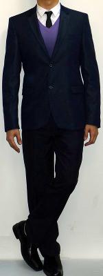 Navy Suit Blazer Purple V-neck Sweater White Shirt Black Tie Navy Pants Black Dress Shoes