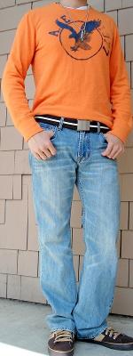 Orange Graphic Tee Brown Cotton Belt Light Blue Jeans Brown Sneakers