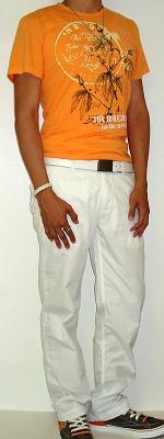 Orange Graphic Tee White Cotton Pants White Leather Belt White Sneakers