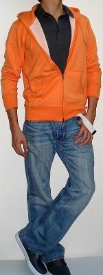 Orange Hooded Jacket Dark Gray Polo White Belt Light Blue Jeans Gray Shoes