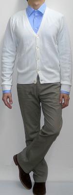 White Cardigan Light Blue Shirt Khaki Pants Suede Ankle Boots