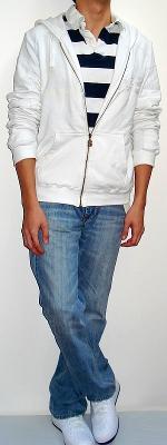White Graphic Hooded Jacket White Dark Blue Wide Stripe Polo Light Blue Jeans White Shoes