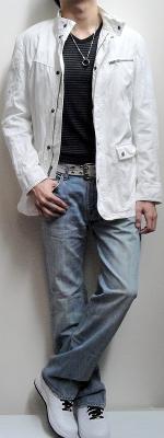 White Jacket Black Striped V-neck Tee Gray Belt Light Blue Jeans White Sports Shoes