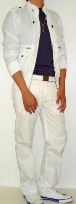 White Jacket White Belt White Pants White Shoes Purple T-Shirt