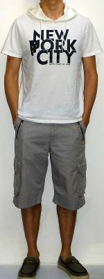 White Short Sleeve Hooded Graphic Tee Gray Cargo Shorts Gray Boat Shoes