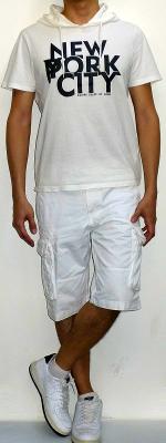 White Short Sleeve Hooded Graphic Tee White Cargo Shorts White Running Shoes