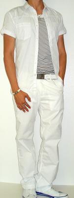 White Short Sleeve Shirt White Leather Belt White Canvas Sneakers Black Striped Tank Vest