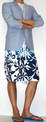 White T-Shirt White Floral Swim Trunks Blue Sandals Light Blue Blazer