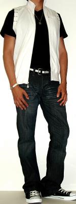 White Vest Black T-Shirt Black Webbing Belt Black Shoes