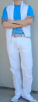 White Vest Blue Tee Gray T-Shirt Gray Belt White Pants White Shoes