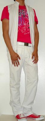 White Vest White Belt White Pants Pink Graphic Tee Pink Shoes