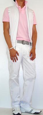 White Vest White Pants Gray Cotton Belt Pink Polo White Shoes