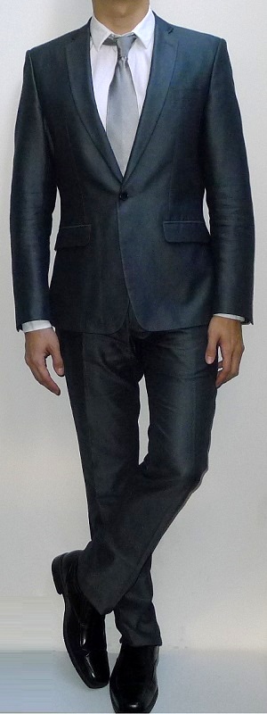 Men's Dark Gray Suit Blazer White Dress Shirt Silver Tie Dark Gray Suit Pants Black Dress Shoes