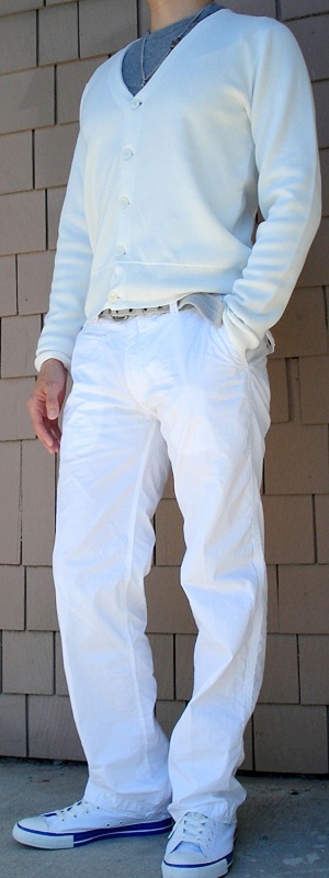 White Cardigan Gray Belt White Pants