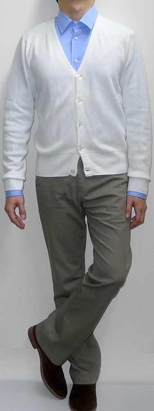 Men's White Cardigan Light Blue Shirt Khaki Pants Suede Ankle Boots