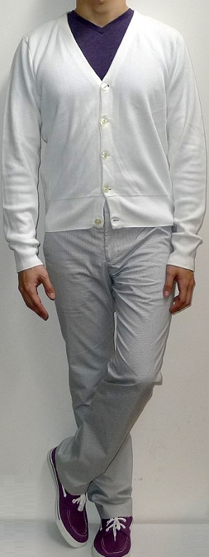 Men's White Cardigan Purple T-shirt White Pants Purple Canvas Shoes