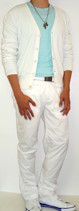 Men's White Cardigan White Pants White Shoes White Belt Sky Blue T-Shirt