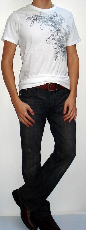 White Crew Neck Graphic T-shirt Brown Belt Black Jeans Brown Shoes