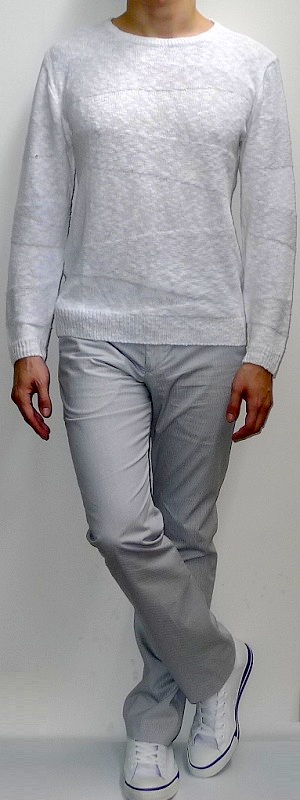 White Crew Neck Sweater White Pants White Canvas Shoes