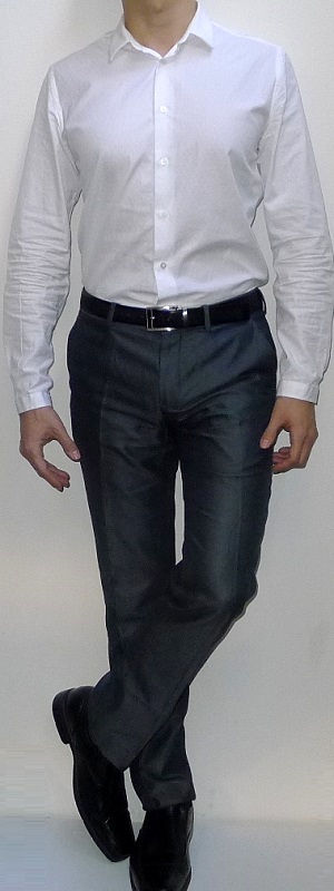 Men's White Dress Shirt Black Leather Belt Dark Gray Suit Pants Black Dress Shoes