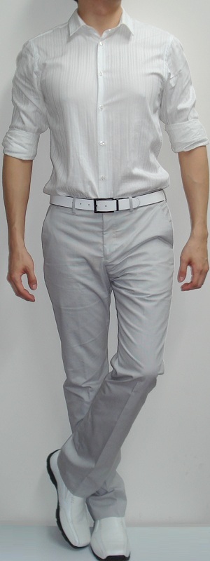 Men's White Dress Shirt Gray Dress Pants White Dress Shoes White Leather Belt