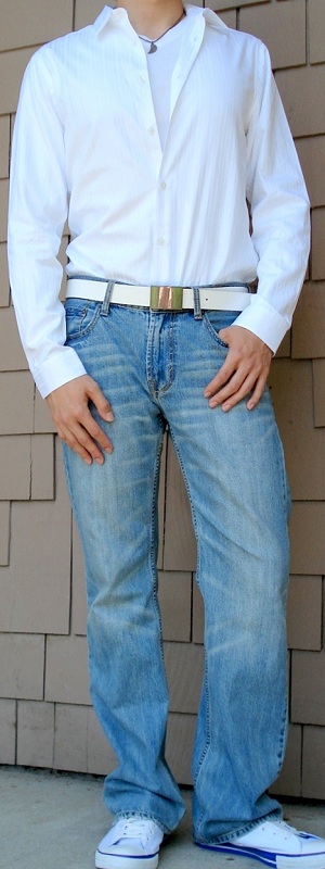 Men's White Dress Shirt White Leather Belt White Canvas Shoes Light Blue Jeans