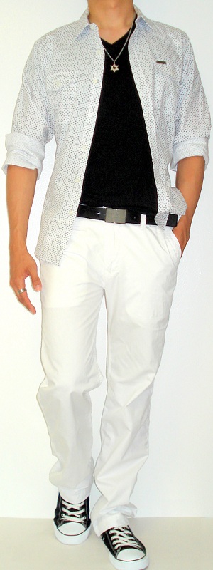 Men's White Floral Shirt Black T-Shirt Black Leather Belt White Pants Black Shoes