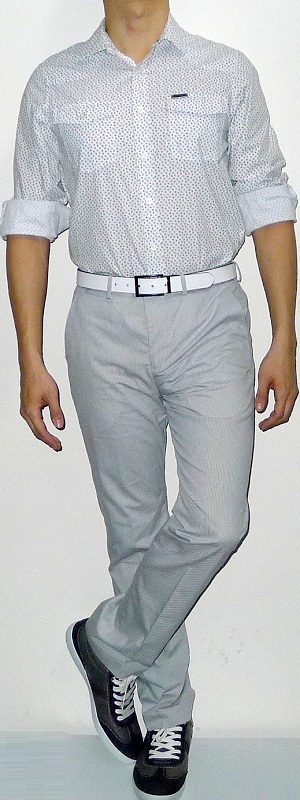 Men's White Floral Shirt Gray Pants Dark Green Shoes White Leather Belt