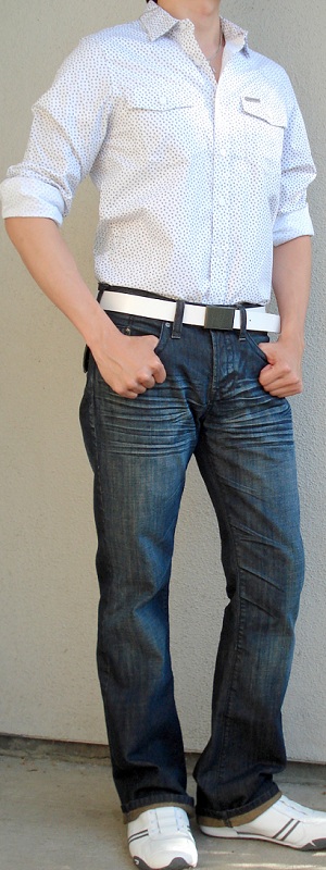Men's White Floral Shirt White Leather Belt White Fashion Sneakers Dark Blue Jeans