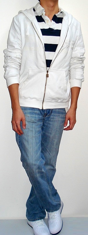 Men's White Graphic Hooded Jacket White Dark Blue Wide Stripe Polo Light Blue Jeans White Shoes