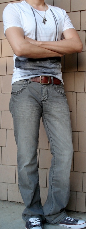 Men's White Graphic Tee Gray Jeans Brown Belt