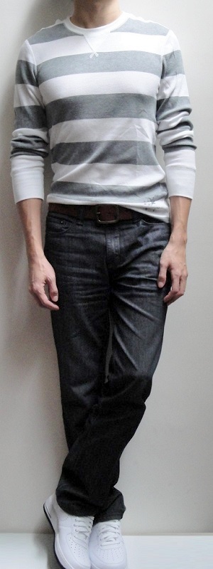 Men's White Gray Striped Sweater Dark Brown Belt Black Jeans White Tennis Shoes