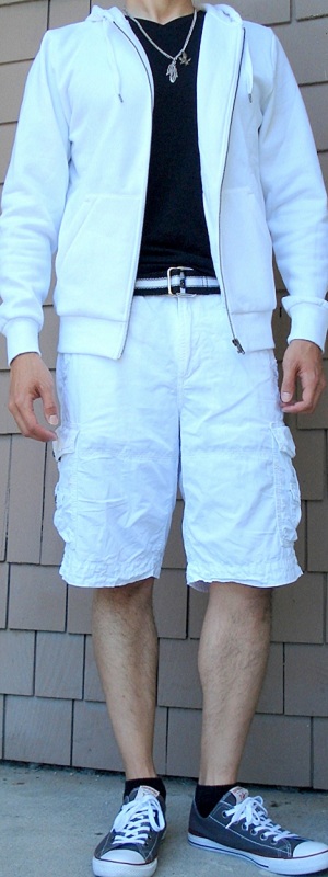 White Hoodie Jacket Black Webbing Belt White Shorts