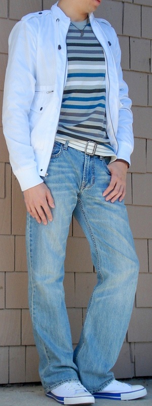 Men's White Jacket Blue Gray Striped T-Shirt White Cotton Belt White Canvas Shoes