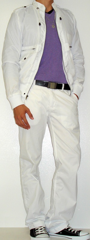 Men's White Jacket Purple Sweater White Pants Black Shoes
