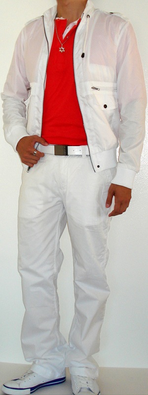 White Jacket White Leather Belt White Pants White Canvas Shoes Orange T-Shirt