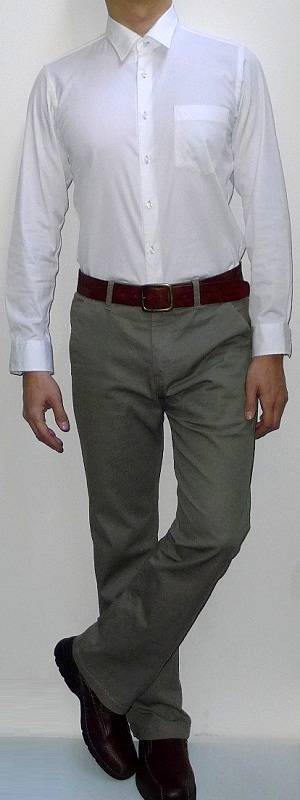 Men's White Long Sleeve Dress Shirt Brown Leather Belt Khaki Pants Brown Leather Shoes