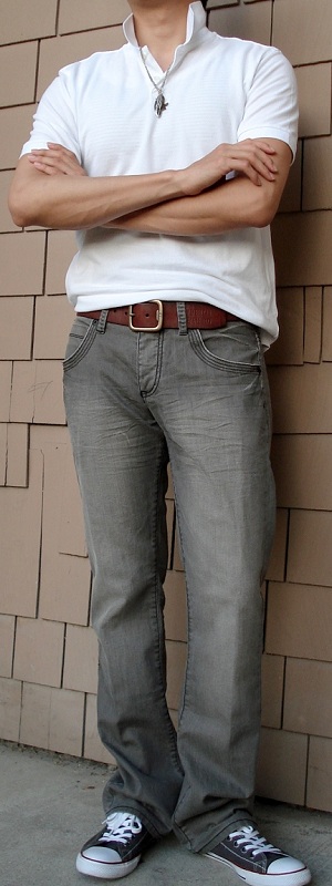 Men's White Polo Brown Leather Belt Gray Jeans Gray Shoes