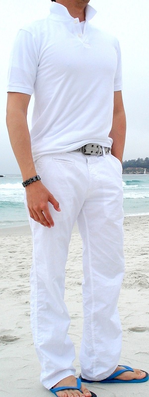 White Polo White Pants Gray Cotton Belt Blue Flip Flops