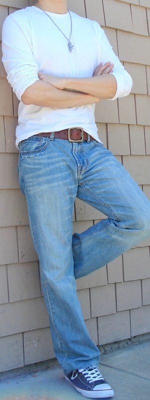 Men's White T-Shirt Brown Leather Belt Gray Shoes